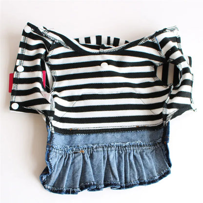 Spring Autumn Dog Clothes Dog Jeans Dress for Small Medium Dogs, Fashion Pet Denim Jacket Stripe Shirt Hooded Coat Puppy Skirts