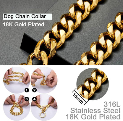 Gold Dog Chain Collar, Large Metal Dog, Medium Link Link, Small Steel, Cuban, Walking, Training