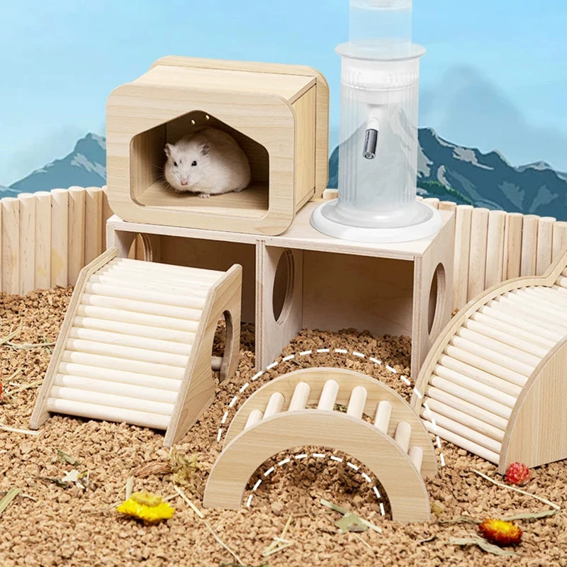Smooth Hamster Hideaway Wooden Hamster House with Climbing Ladder Small Pet Castle Arch Bridge for Dwarf Mice Gerbils Small Pets