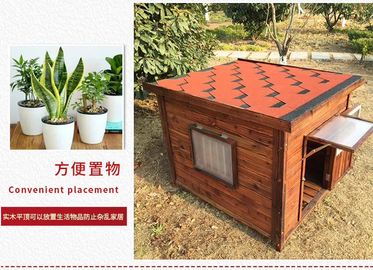 Large new solid wood kennel outdoor waterproof dog house with mat and cold-proof pet dog cage carbonized golden retriever woo