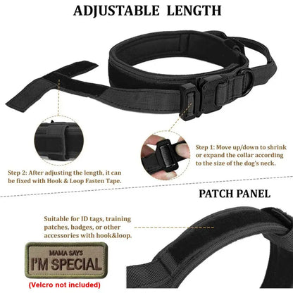 Durable Military Tactical Dog Collar Bungee Leash Nylon Walking Training Pet Collar for Medium Large Dogs German Shepherd