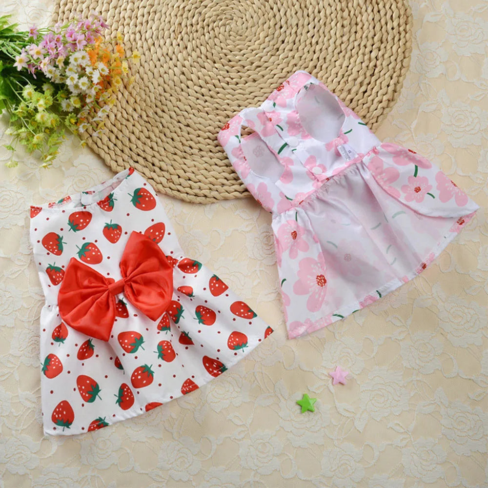 Dog Princess Dress Cute Print Puppy Dresses with Bowknot Sweet Cat Skirt Summer Thin Pet Wedding Party Chihuahua Doggies Clothes