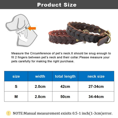 Soft Genuine Leather Braided Dog Collar Adjustable Brown Leather Dog Collar Strong and Durable for Pet Puppy Pug French Bulldog