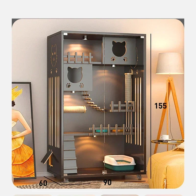 Retro Solid Wood Cat Cage for Living Room Cat House Two-layer One-piece Movable Light Luxury Creative  Cage for Cats