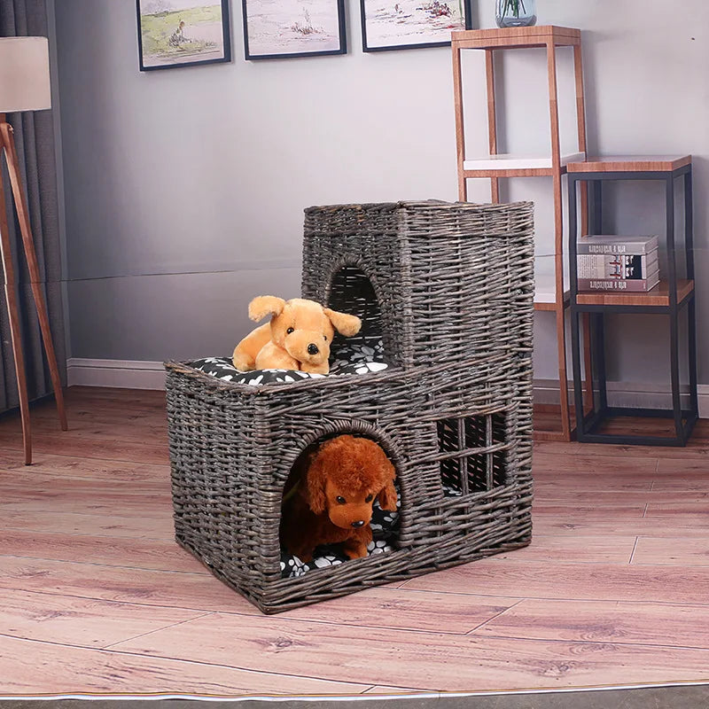 Pet basket willow weaving, willow weaving cute pet nest double-layer pet basket handmade four-season universal kennel cat litter