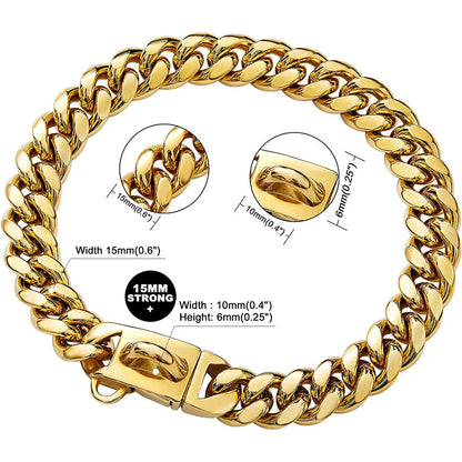 Gold Dog Chain Collar 15mm Stainless Steel Cuban Link Chain Strong Heavy Duty Chew Proof Dog Necklace with Buckle for Dogs
