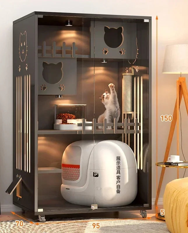 Retro Solid Wood Cat Cage for Living Room Cat House Two-layer One-piece Movable Light Luxury Creative  Cage for Cats