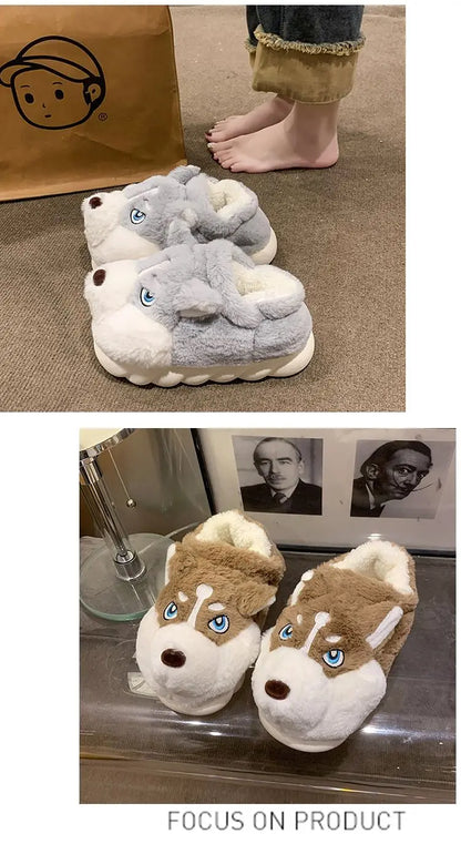 Winter Home Couple Shoes Women's Fluffy Dog Slippers Girl Animal Fur Slides Kawaii Funny Furry Shoes Woman Plush Booties Slipper