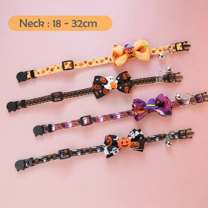 Bow Knot Halloween Pet Dog Collar Pumpkin Witch Hat Adjustable Neck Accessories for Cats Safety Buckle Decorate Pet Necklace