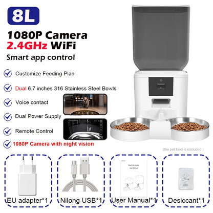 8L Automatic Cat Feeder With 1080p Camera Video WiFi Cat Food Dispenser Pet Smart Voice Recorder Remote Control Pet Auto Feeder