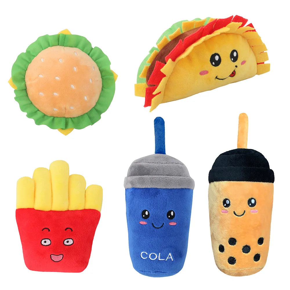Dog Plush Toy Cross Border Spot Product French Fries Hamburgers Cola Milk Tea Fast Food Plush Vocal Dog Toys Fleece Squeak Toys
