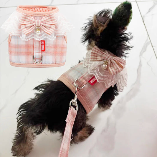 Sweet Plaid Puppy Dog Harness with Bow Walking Pet Harnesses and Leash Set for Small Dogs Schnauzer Poodle mascotas Accessories