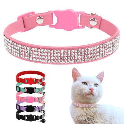 Suede Leather Cat Collar Bling Rhinestone Cats Collars with Bell Safety Breakaway Pet Puppy Necklace Adjustable XS S Pink Soft