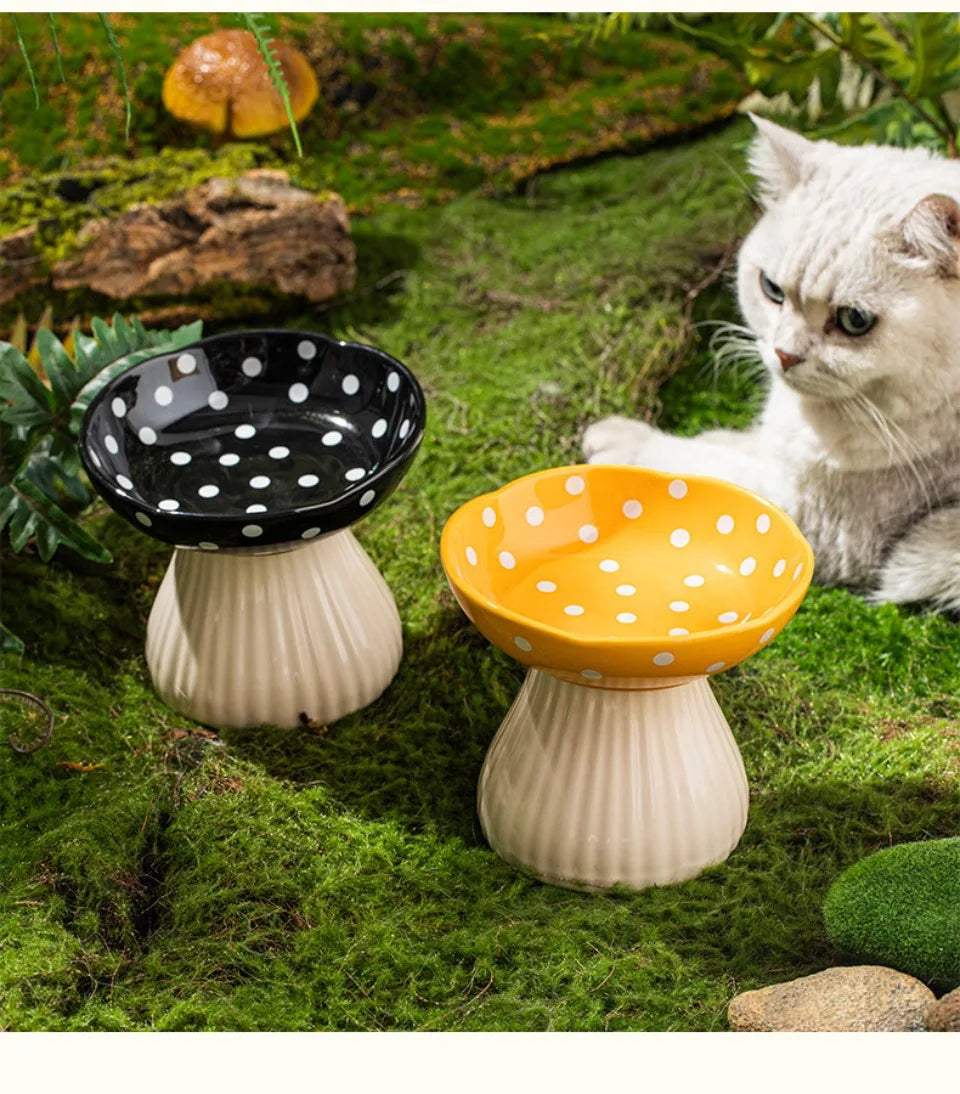 Mushroom Cat Bowl Cute Polka Dot Safe Ceramic Elevated Cat Feeder for Cats and Dogs Drinking Water Bowl Cat Feede Pet Supplies