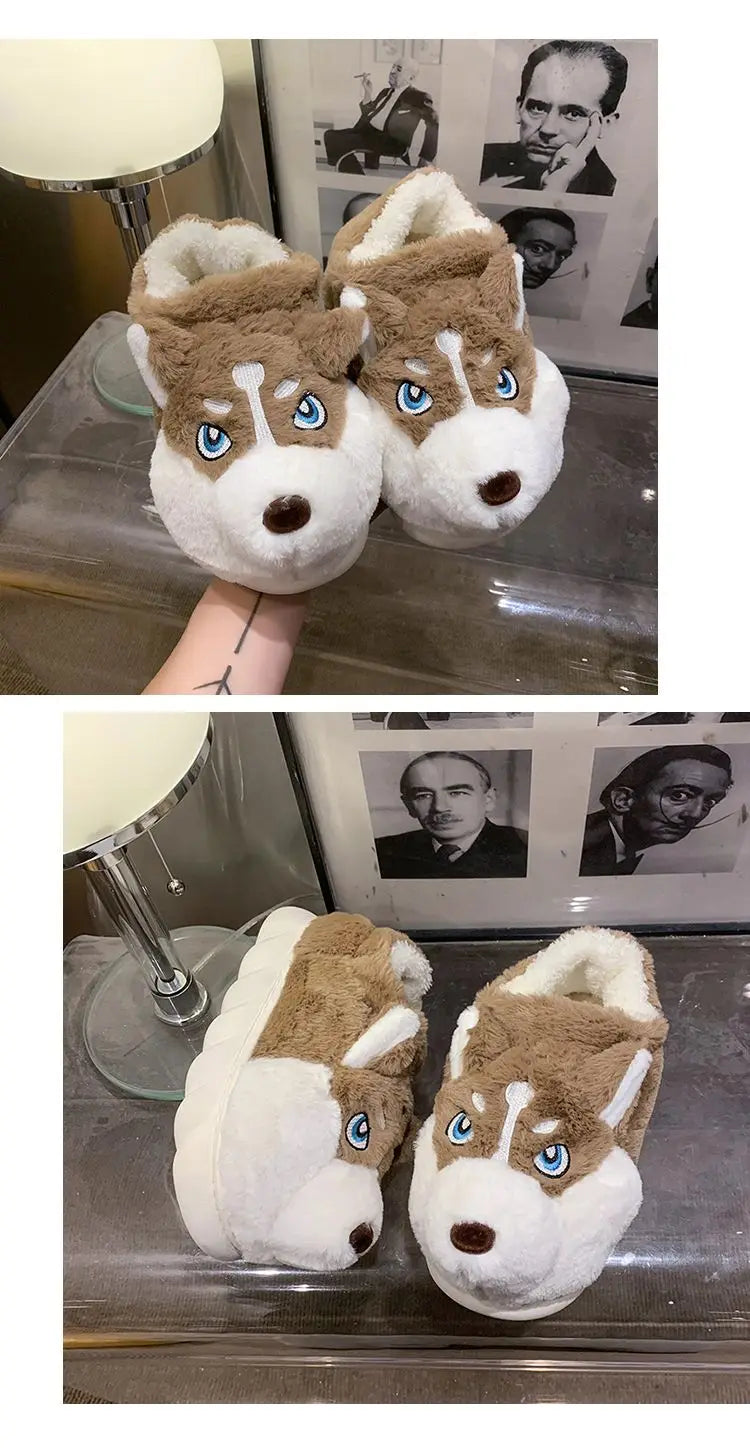 Winter Home Couple Shoes Women's Fluffy Dog Slippers Girl Animal Fur Slides Kawaii Funny Furry Shoes Woman Plush Booties Slipper