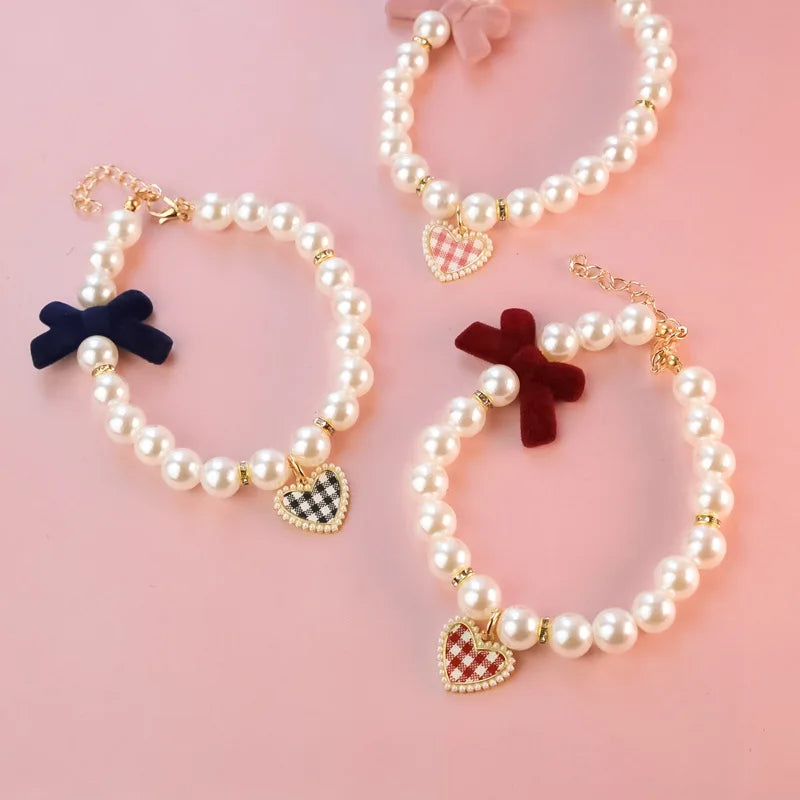 Plaid Heart Pet Dog Collars Chihuahua Jewelry Necklace for Pets Adjustable Kitten Pearl Neck Wear Medium Dog Cats Pet Products