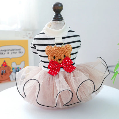 Cute Bear Stripe Dog Dress for Small Dogs, Luxury Tiered Layer Tulle Tutu Dress Princess Skirt Spring Autumn Puppy Pet Clothes