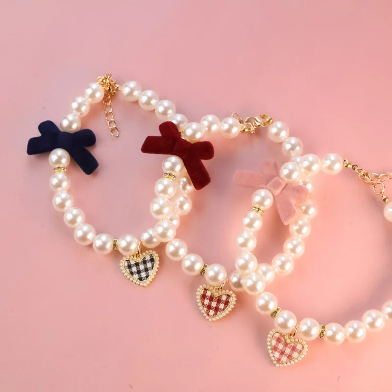 Plaid Heart Pet Dog Collars Chihuahua Jewelry Necklace for Pets Adjustable Kitten Pearl Neck Wear Medium Dog Cats Pet Products