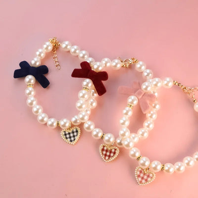 Plaid Heart Pet Dog Collars Chihuahua Jewelry Necklace for Pets Adjustable Kitten Pearl Neck Wear Medium Dog Cats Pet Products