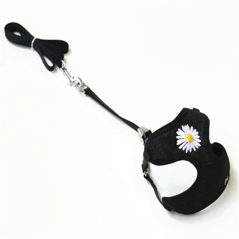 Nylon Dog Harness and Leash Set for Small Medium Dogs, Adjustable Daisy Embroidery Puppy Mesh Vest Harness Pet Accessories