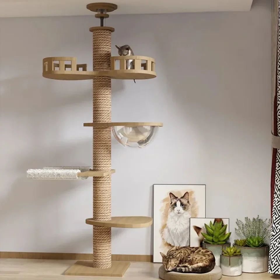 Cats Tree Floor Solid Wooden Cat Tree House Climbing Pets Furniture Adjustable Kitten Trees Tower Multilayer Cat Climbing Frame