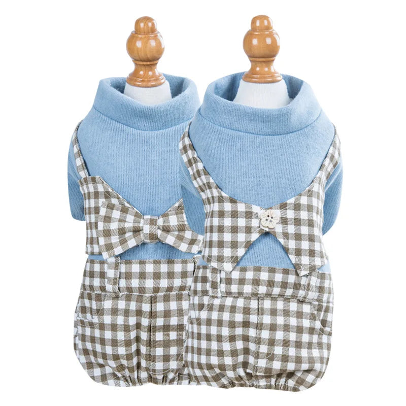 Winter Dog Clothes Bowknot Plaid Coat Thicken Jacket Pets Gentleman Outfits Warm Clothes Bowknot Jumpsuit Jacket Outfit Clothing