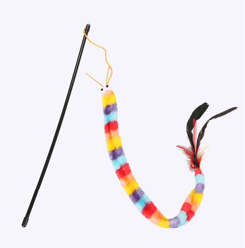 Rainbow Caterpillar Teaser Cat Stick Feather Top Durable Bite Resistant Pet Cat Toy Interactive Lightweight Handle Kitten Tools
