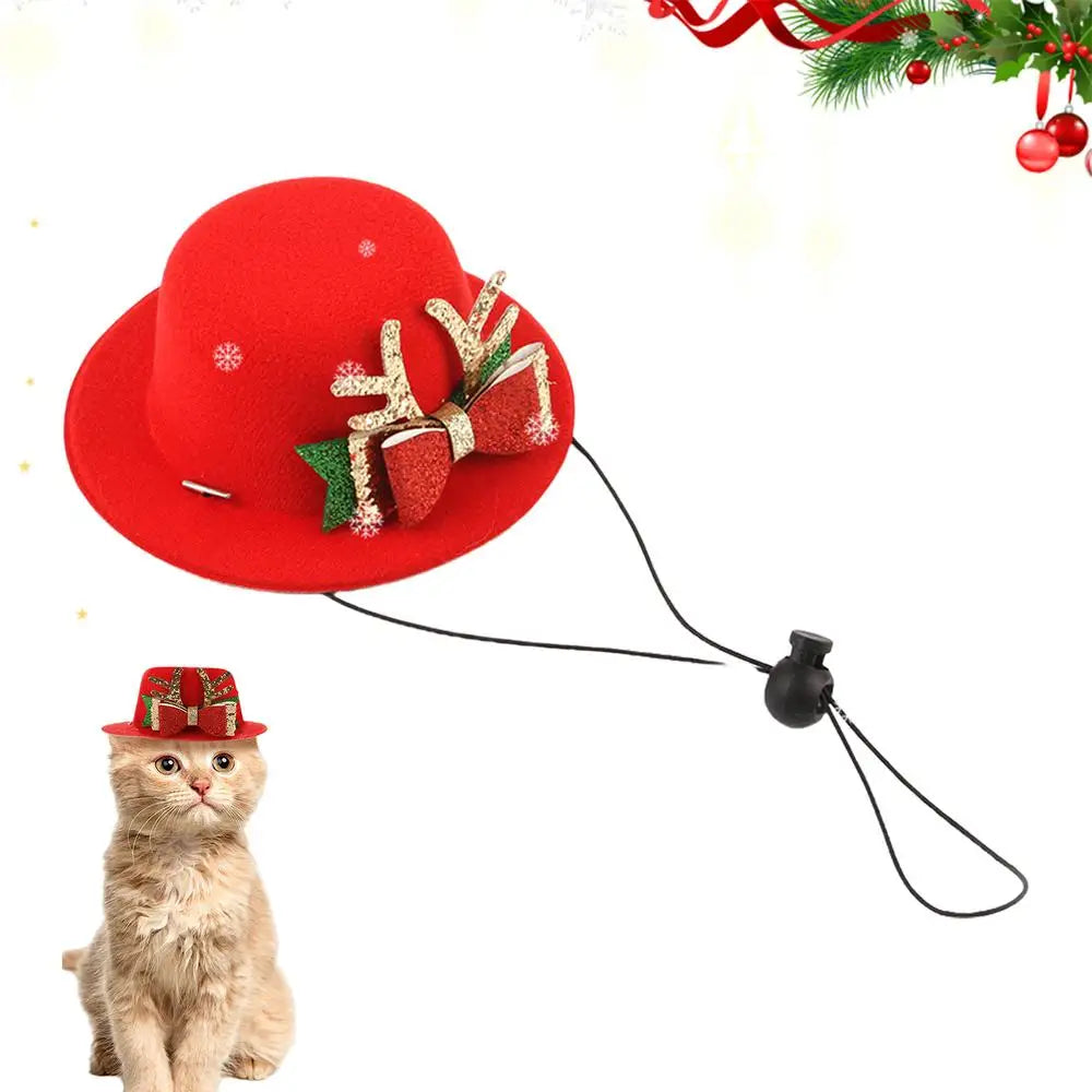 Red Pet Hats For Christmas Dog Hats Bow Tie Christmas Deer Pattern Pet Hats Soft Cute Christmas Ornaments Adjustable Pet Costume