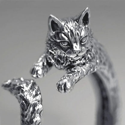 1pc Vintage Dark Alloy  Cartoon Little Cat Open Ring For Women Personality Fashion Simple Ring Handicraft Gift For Girl