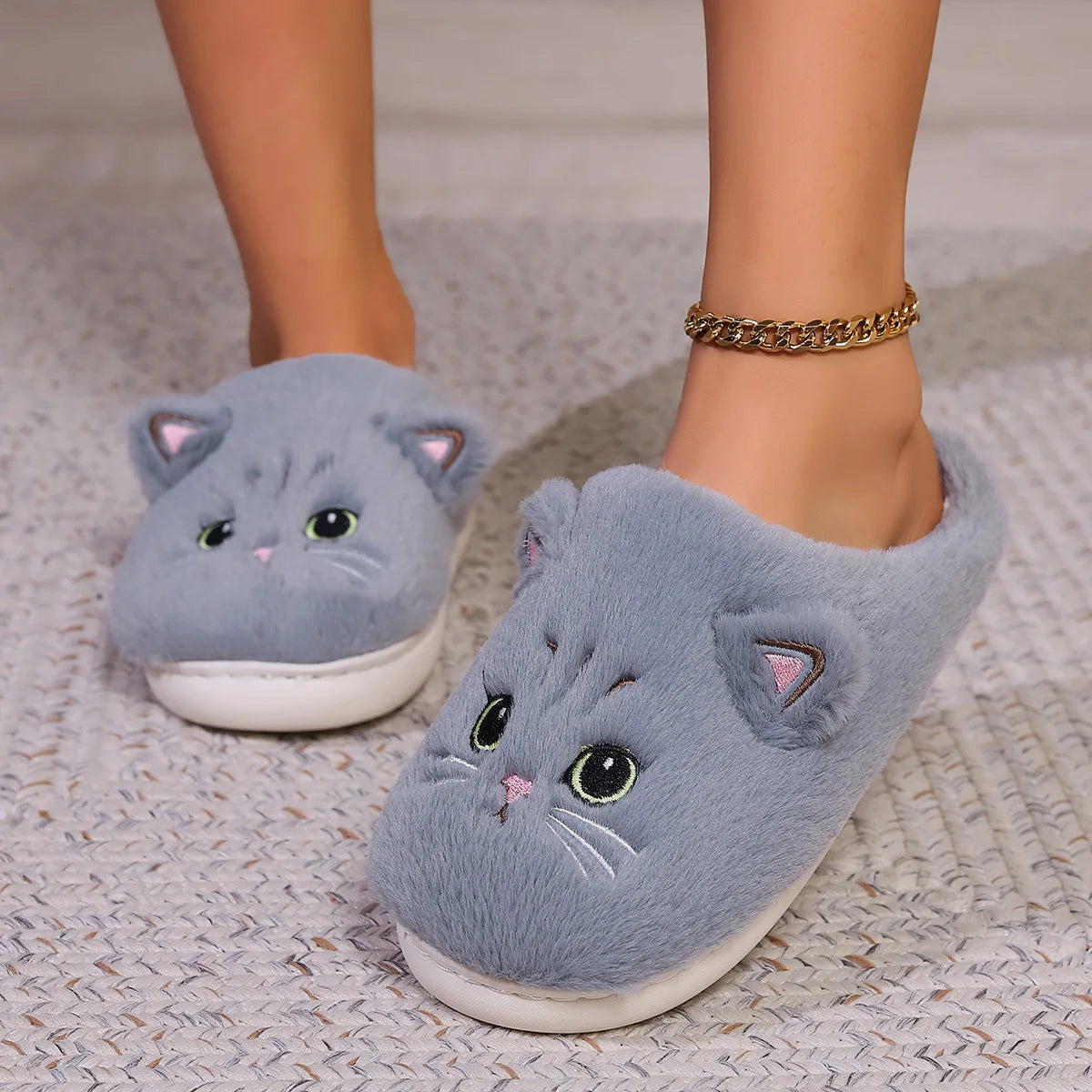 Kawaii Cartoon Cat Fuzzy Slippers - Ultra Soft Fabric Inner, Plush Flat Sole, Cozy Warmth, TPR Durable Outsole, Fabric Upper - P