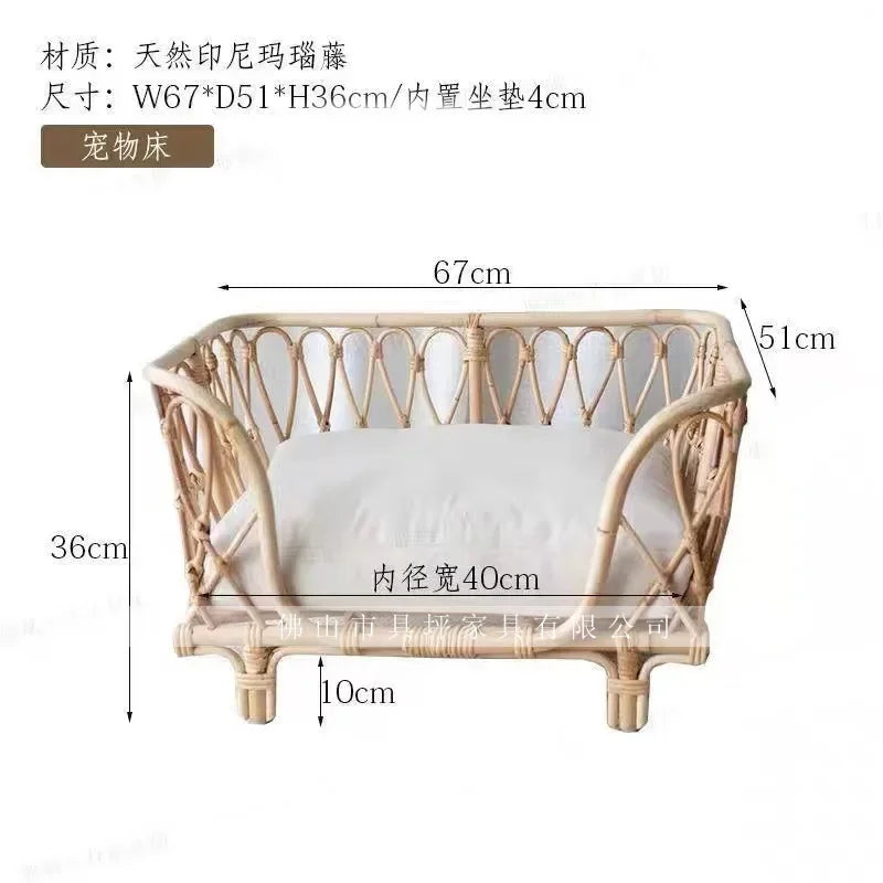 Japanese ins natural rattan dog cat pet bed teddy kennel princess bed summer removable cage