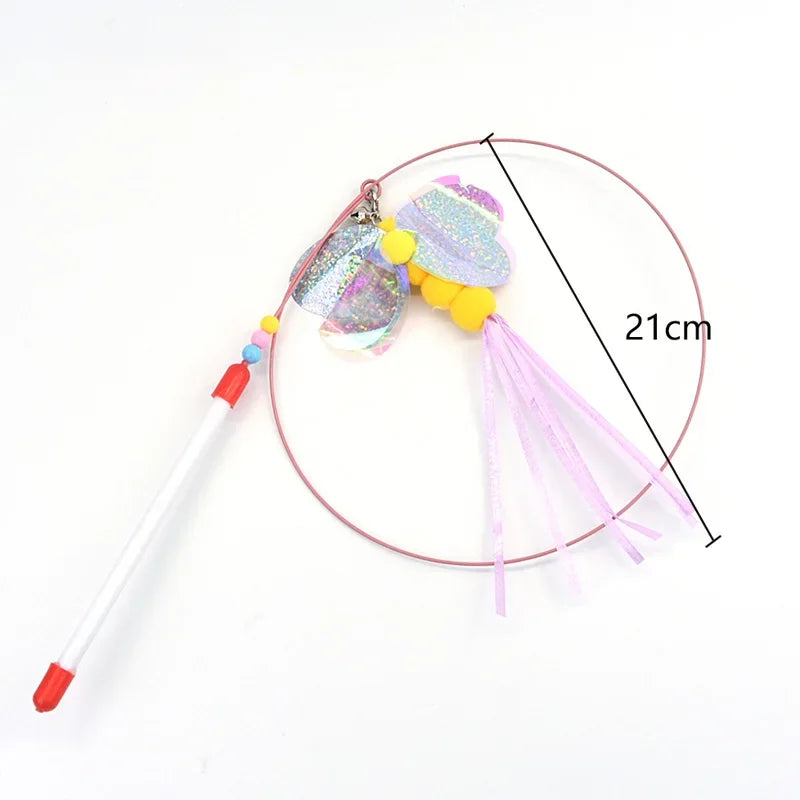 Interactive Wire Feather Cat Teaser Stick Fun Pet Toy for Kittens Entertaining Bell Feather Fish Wand Playful Cat Accessories