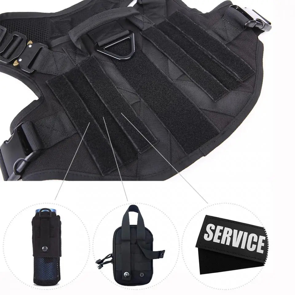 Large Dog Harness Collar Leash Molle Pouch Tactical Patches No-Pull Service Dog Harness Set for Small Medium Dog Training