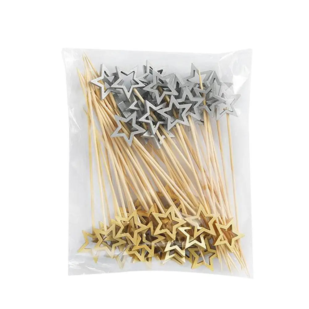 50Pcs Hollow Star Bamboo Skewers Disposable Insert Cocktail Fruit Toothpick Stick Christmas Picks Party Buffet Decor X1J5