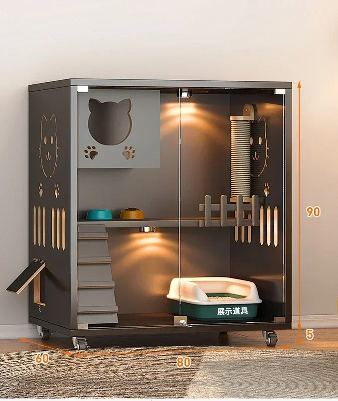 Retro Solid Wood Cat Cage for Living Room Cat House Two-layer One-piece Movable Light Luxury Creative  Cage for Cats