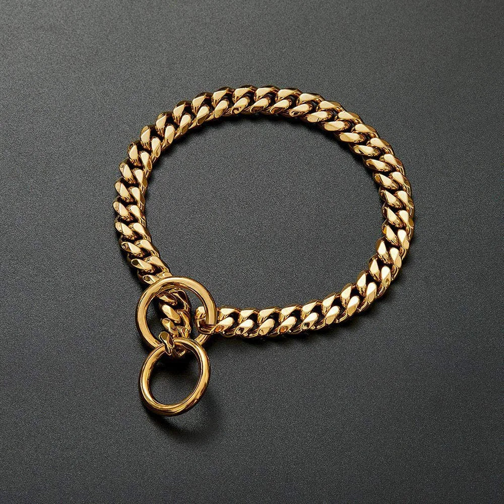 Gold Chain Dog Collar 10mm Fashion Dog Cuban Link Pet Gold Necklace Metal Puppy Jewelry Bulldog P Chain Pet Training Slip Collar