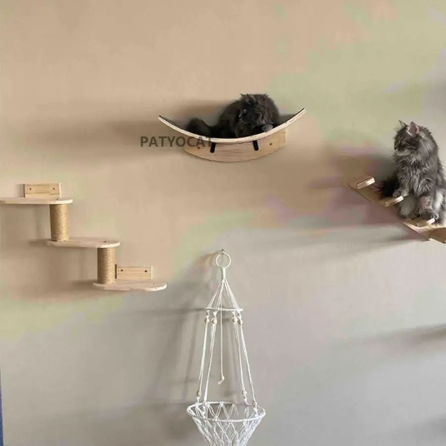 1 Piece Wall Mounted Cat Wood Shelf Cat Hammock and Jumping Platform with Stairway for Kittens Indoor Furniture Playing