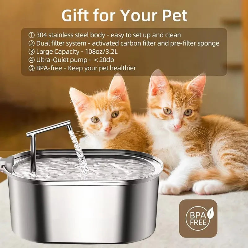 Stainless Steel Cat Water Fountain Automatic Pet Drinker Drinking Fountain For Cats Dogs Drinking Bowl with Replaceable Filter