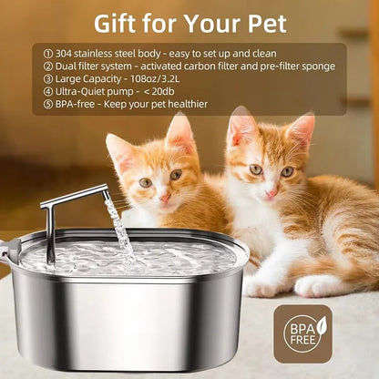 Stainless Steel Cat Water Fountain Automatic Pet Drinker Drinking Fountain For Cats Dogs Drinking Bowl with Replaceable Filter