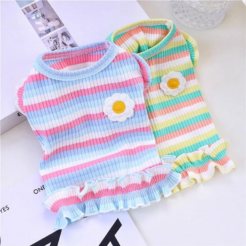 Summer Dog Clothes Pet Dog Vest Dress Dog Knitted Striped Dog T Shirt Chihuahua Bichon Clothing Kitten Puppy Girls Dog Costume