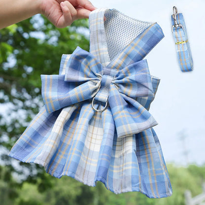 Puppy Dog Adjustable Harness Pet Plaid Skirt Cat Dog Vest Type Traction Clothes Small Dog Party Birthday Wedding Bowknot Dress