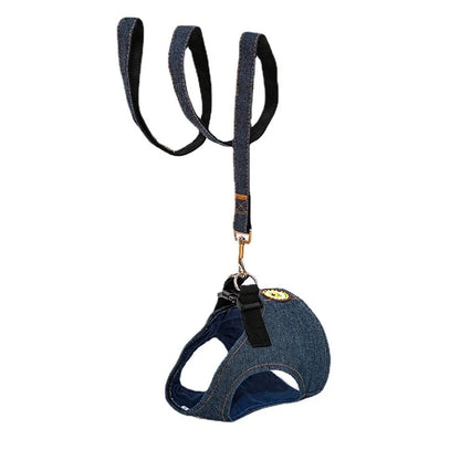 Durable Dog Denim Harness and Leash Set, Adjustable Step in Lightweight Pet Jeans Vest Harness for Small Medium Dogs Bulldog