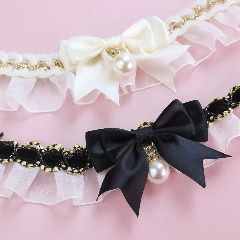Romantic Summer Dog Collar Bow Tie Pearl Lace Party Cat Necklace for Small Puppy Luxury Designer Chihuahua Pet Neck Accessories
