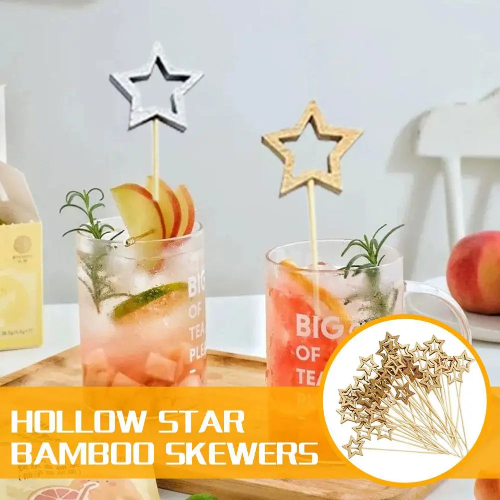 50Pcs Hollow Star Bamboo Skewers Disposable Insert Cocktail Fruit Toothpick Stick Christmas Picks Party Buffet Decor X1J5