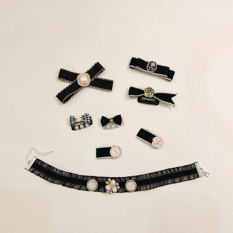 Elegant Black Chihuahua Dog Accessories Pearl Floral Party Hairpins for Kittens Long Hair Wear Bow Tie Necklace Pet Products
