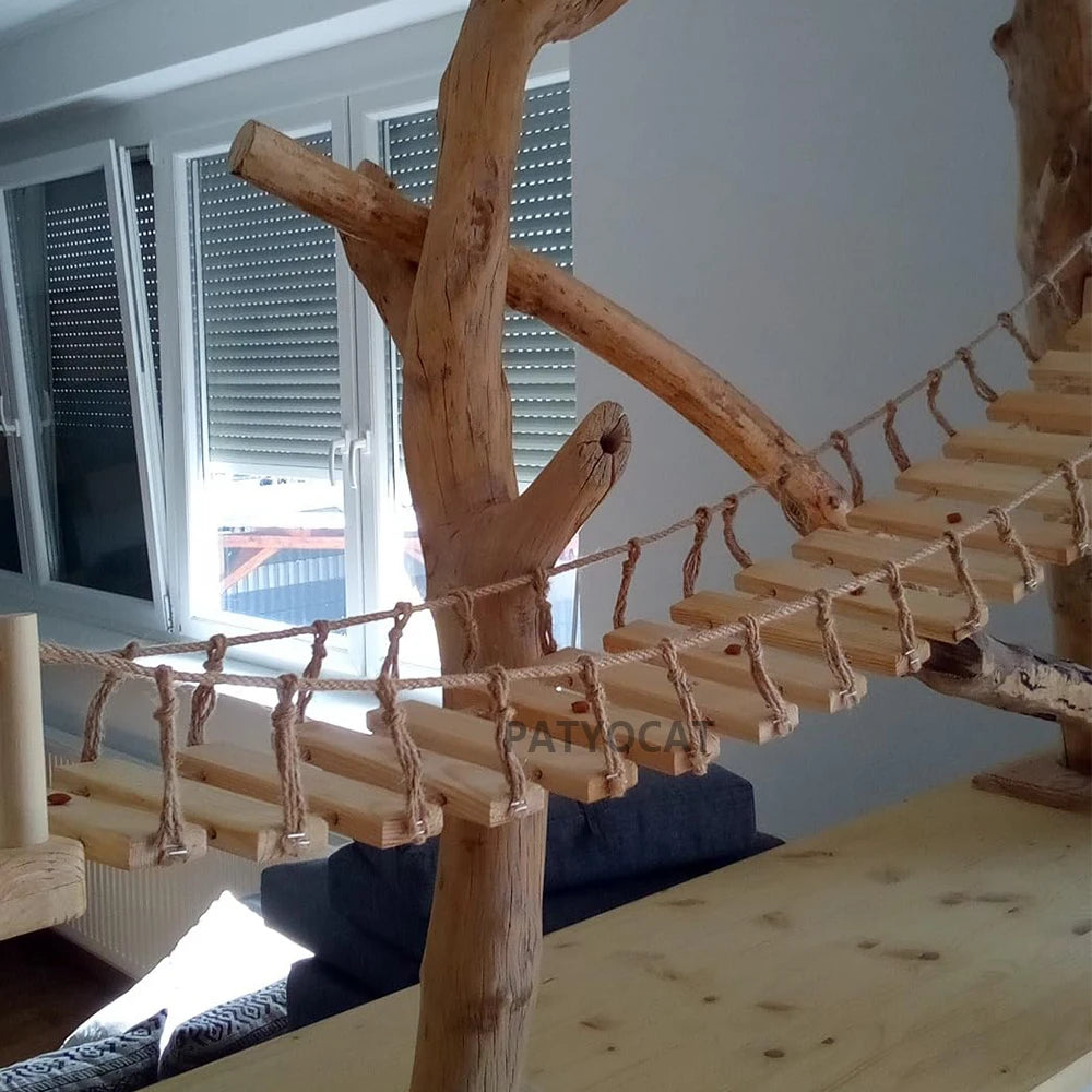 Cat Wall Cat Tree Wooden Climbing Shelves Cat Hammock Bridge with Sisal Ladder and Platform for Kitten Pet Furniture Playground