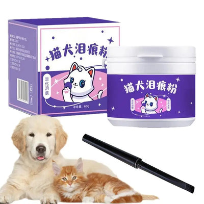 60g Pet Tear Stain Remover Powder  Dogs Cats Eye Cleaner Tear Stain Powder With Brush Pet Eye Risen Natural Safe Dog Eye Wash