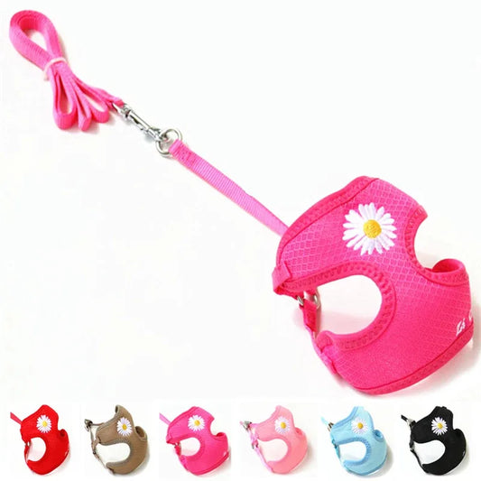 Nylon Dog Harness and Leash Set for Small Medium Dogs, Adjustable Daisy Embroidery Puppy Mesh Vest Harness Pet Accessories