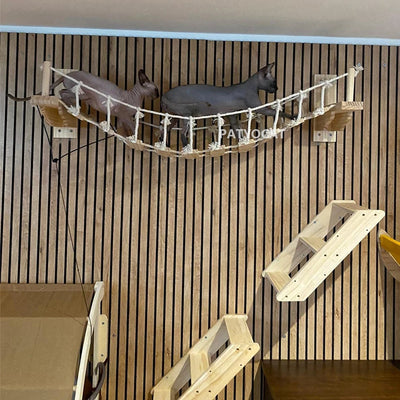 Wall Mounted Cat Climbing Wood Shelves Furniture Cat Bridge and Cat Hammock or Platform with Pedals for Kitten Perch and Rest