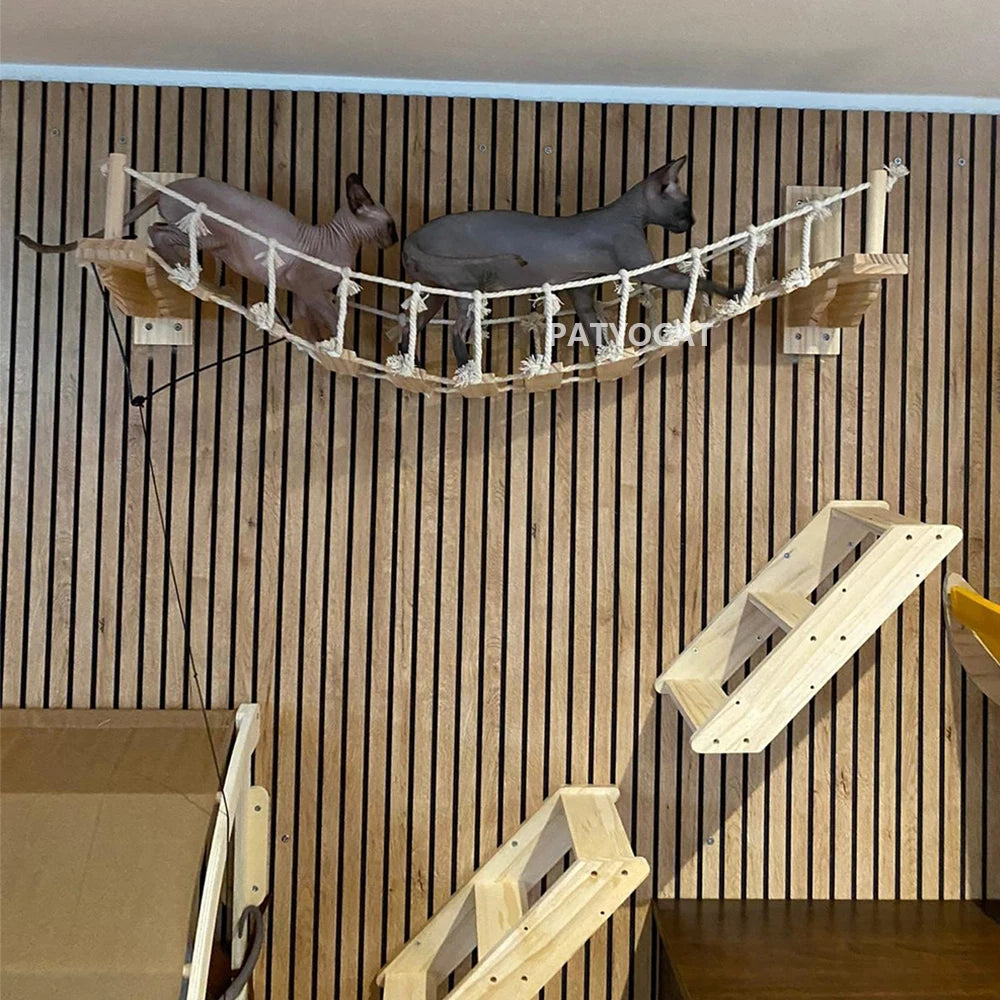 1 Piece Wall Mounted Wooden Cat House Cat Bridge Cat Hammock Hanging Bed with Jumping Platform for Kitten Perch and Rest